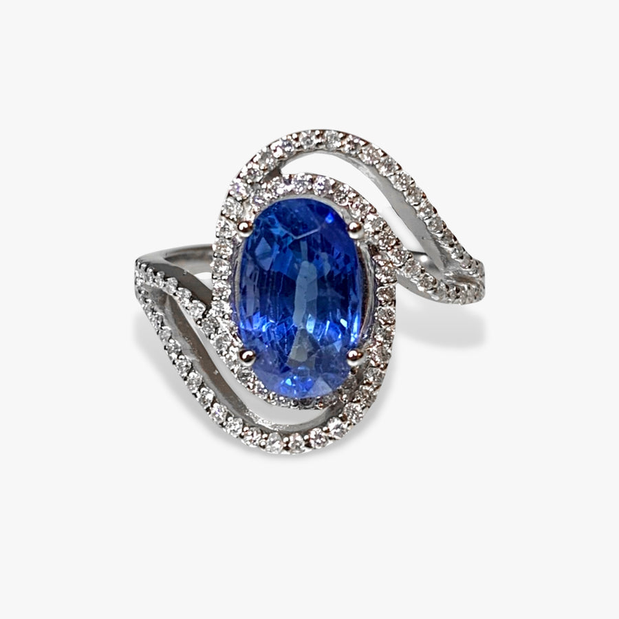14k White Gold Oval Blue Sapphire Diamond Bypass Ring