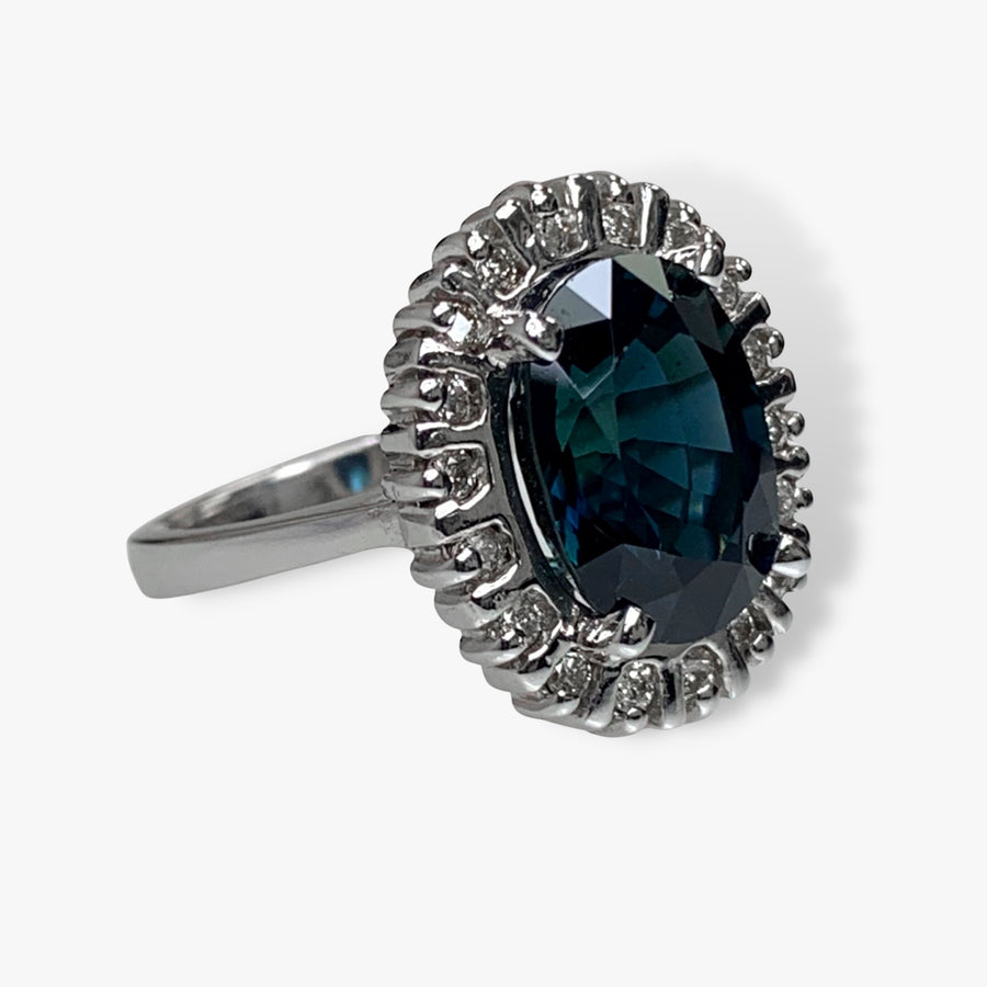 14k White Gold Oval Greenish-Blue Sapphire Diamond Halo Ring Side View