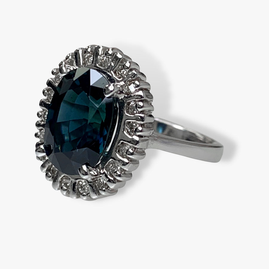 14k White Gold Oval Greenish-Blue Sapphire Diamond Halo Ring Side View