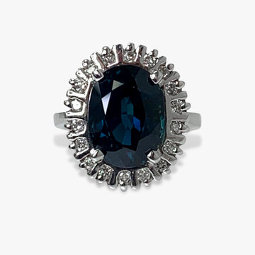 14k White Gold Oval Greenish-Blue Sapphire Diamond Halo Ring