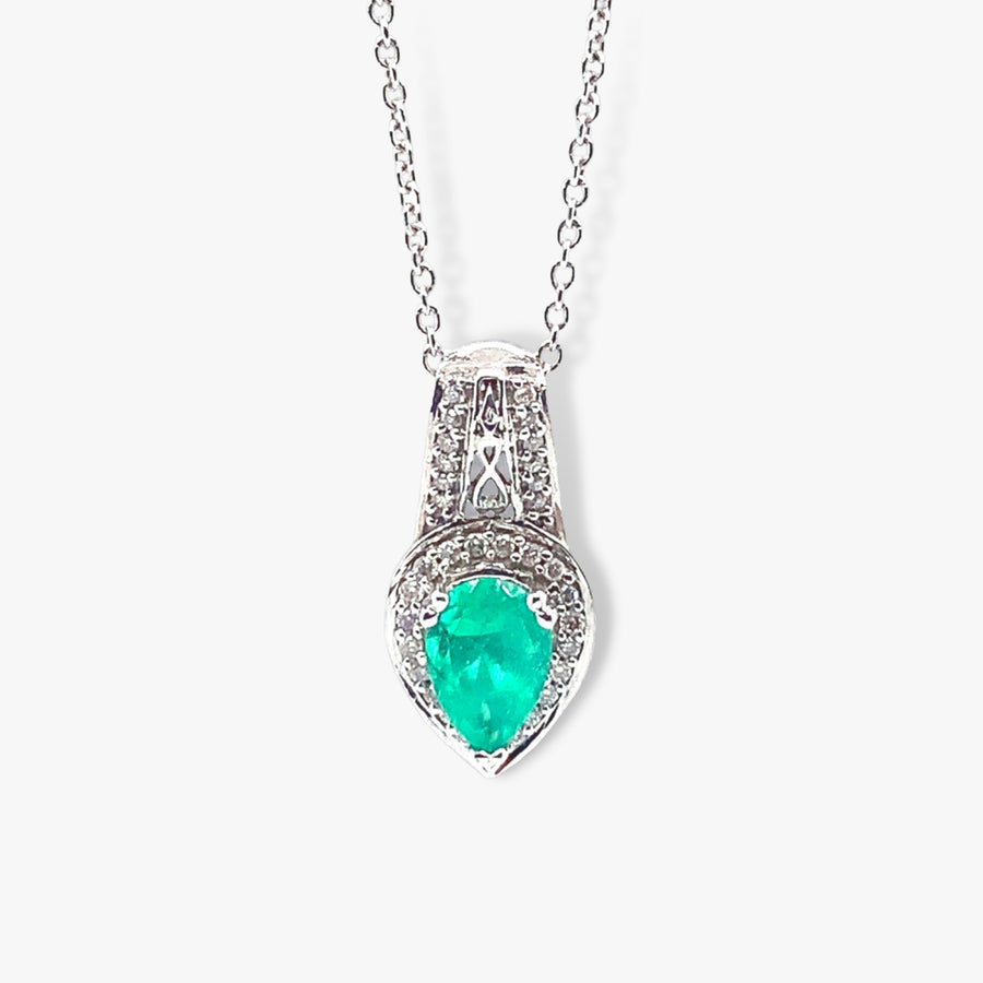 14k White Gold Pear-Shaped Emerald Diamond Pavé Pendant