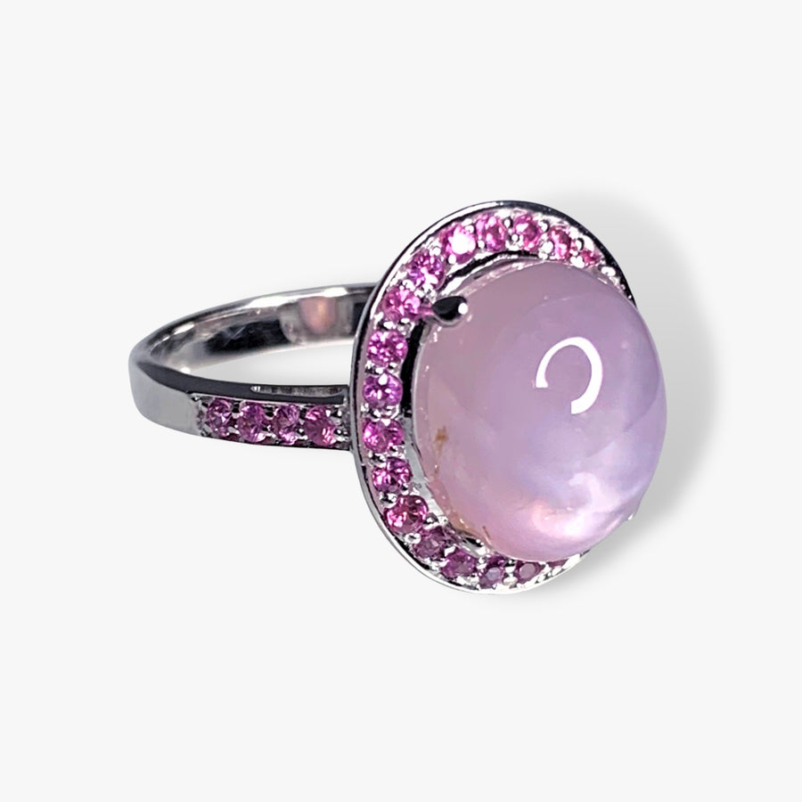 14k White Gold Pink Star Sapphire Halo Ring Side View