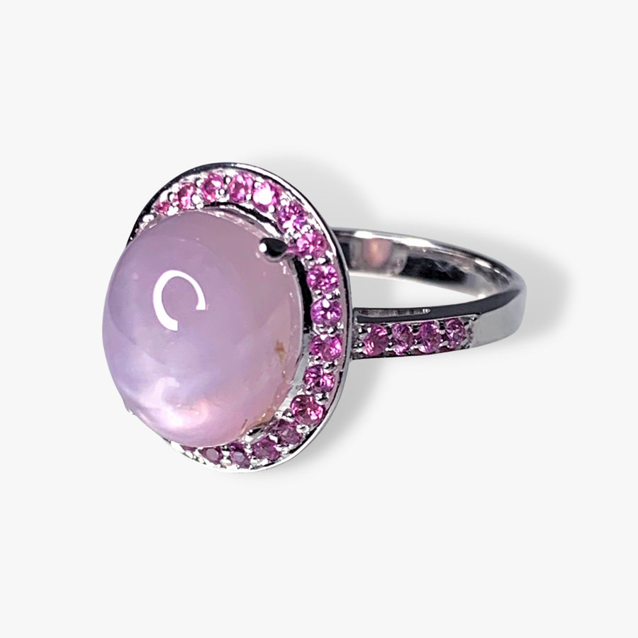14k White Gold Pink Star Sapphire Halo Ring Side View