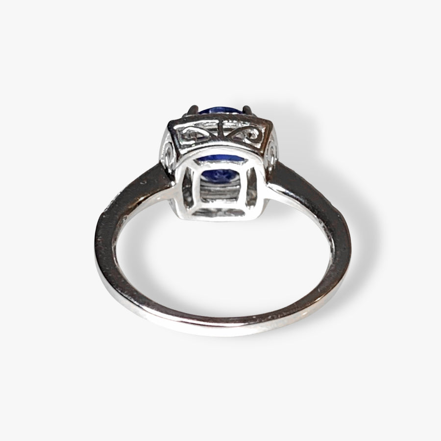 14k White Gold Round Blue Sapphire Diamond Halo Ring Back View