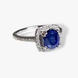 14k White Gold Round Blue Sapphire Diamond Halo Ring Side View