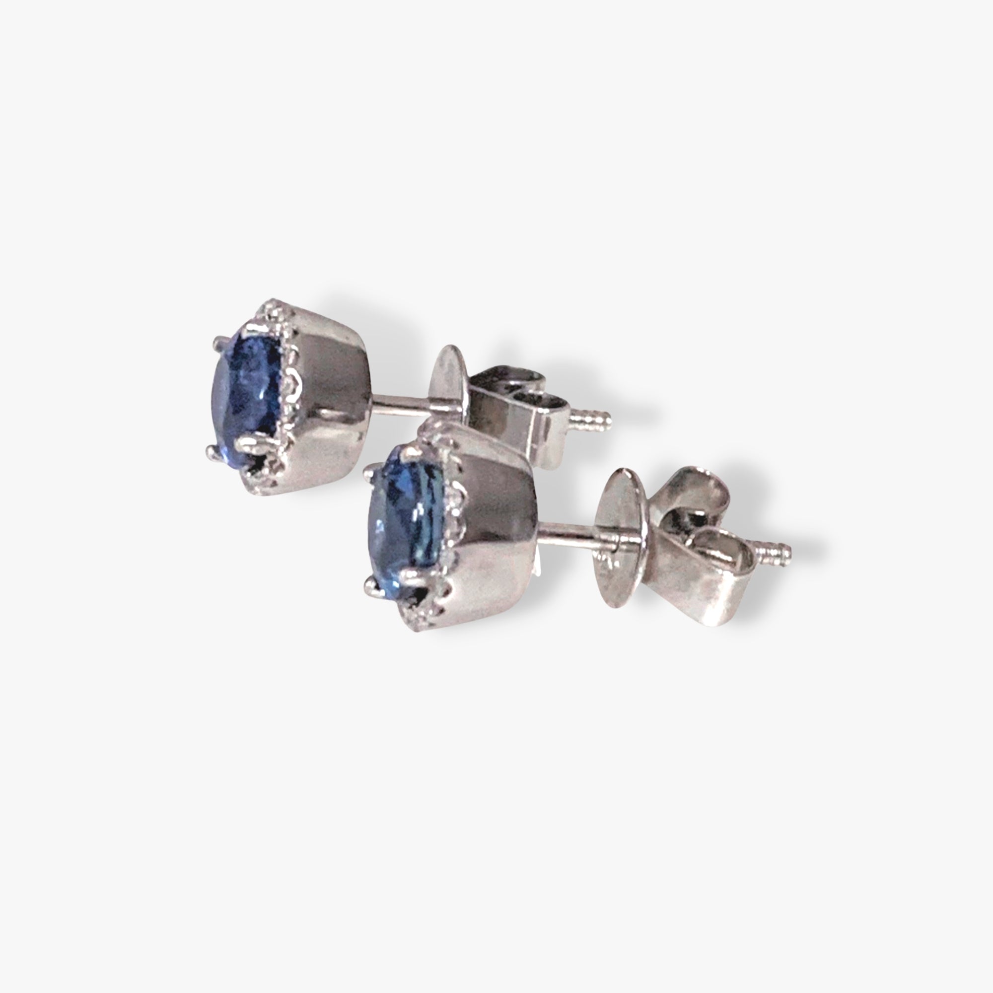 14k White Gold Round Blue Sapphire Diamond Halo Stud Earrings Side View