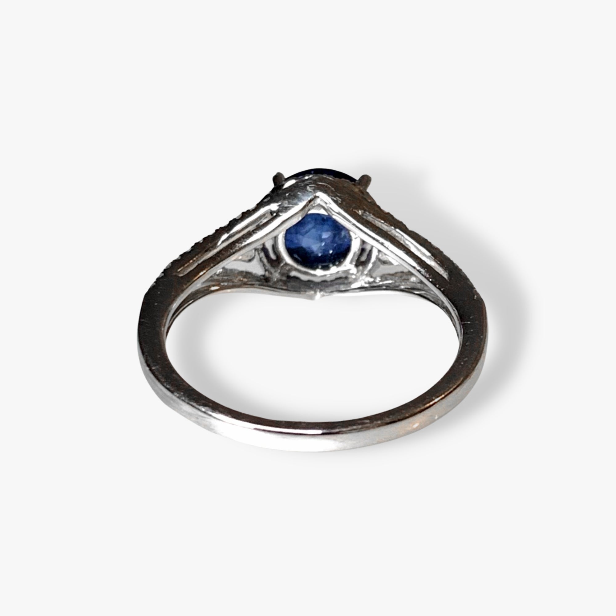 14k White Gold Round Blue Sapphire Diamond Pavé Split Shank Ring Back View