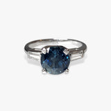 14k White Gold Round Blue Sapphire and Tapered Baguette Diamond Three-Stone Ring