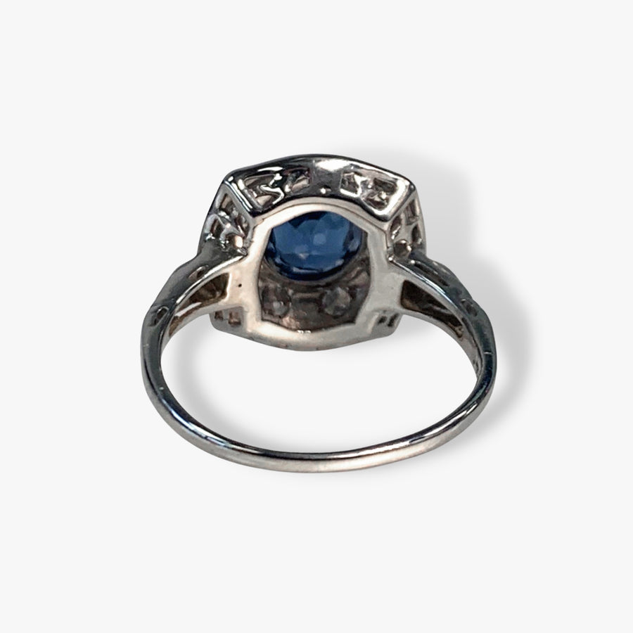 14k White Gold Round Blue and White Sapphire Vintage Ring Back View