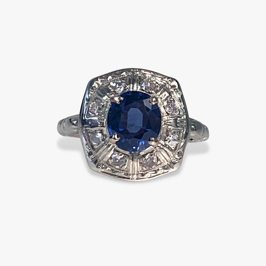 14k White Gold Round Blue and White Sapphire Vintage Ring