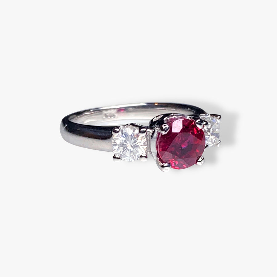 14k White Gold Round Ruby and Diamond Three-Stone Ring Side View