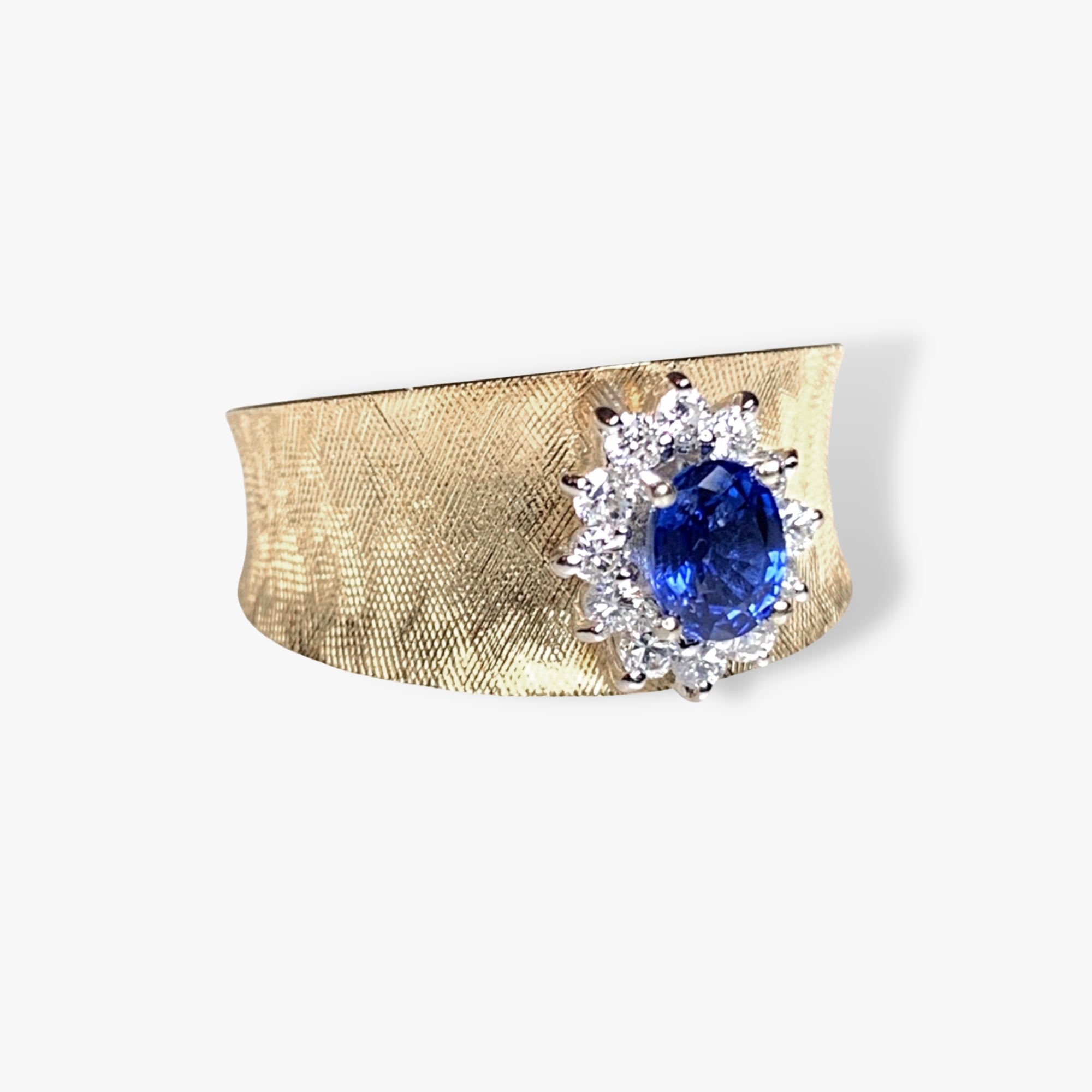14k Yellow Gold Blue Sapphire and Diamond Wide Band Vintage Ring Sides View