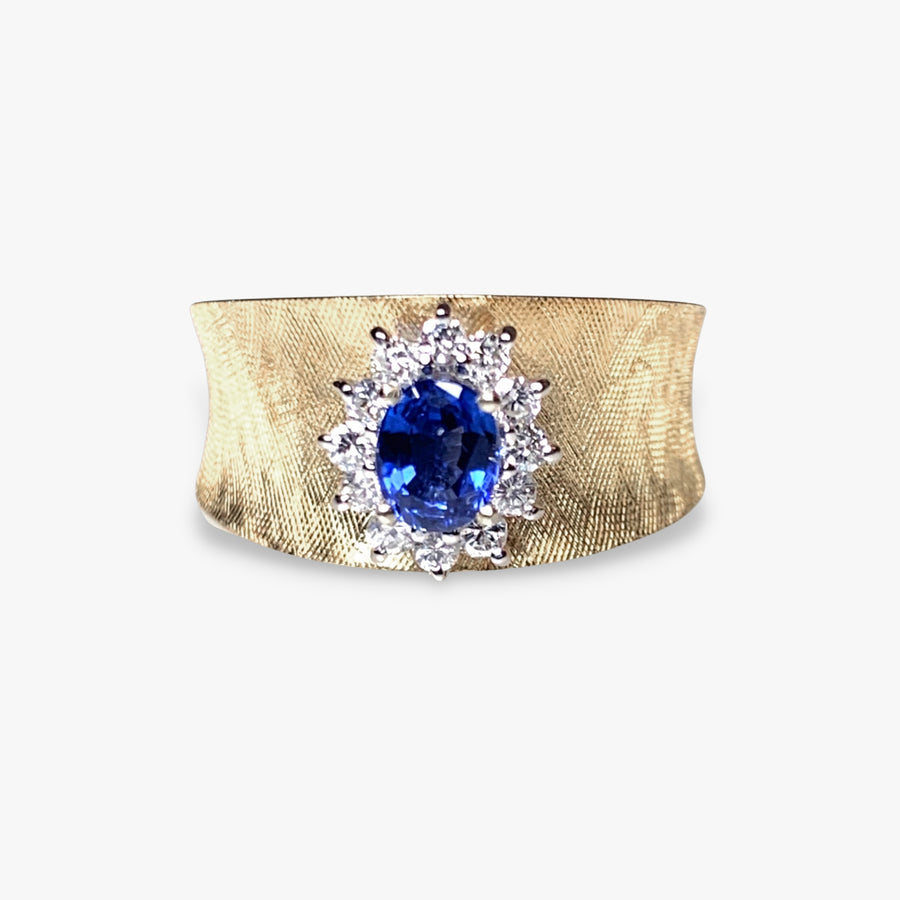 14k Yellow Gold Blue Sapphire and Diamond Wide Band Vintage Ring