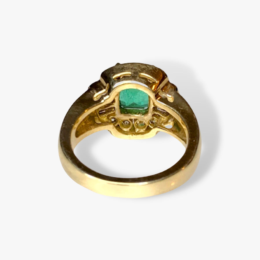 14k Yellow Gold Colombian Emerald and Diamond Vintage Ring Back View
