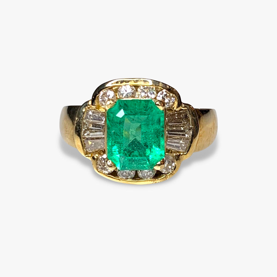 14k Yellow Gold Colombian Emerald and Diamond Vintage Ring