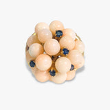 14k Yellow Gold Coral and Blue Sapphire Vintage Cluster Ring