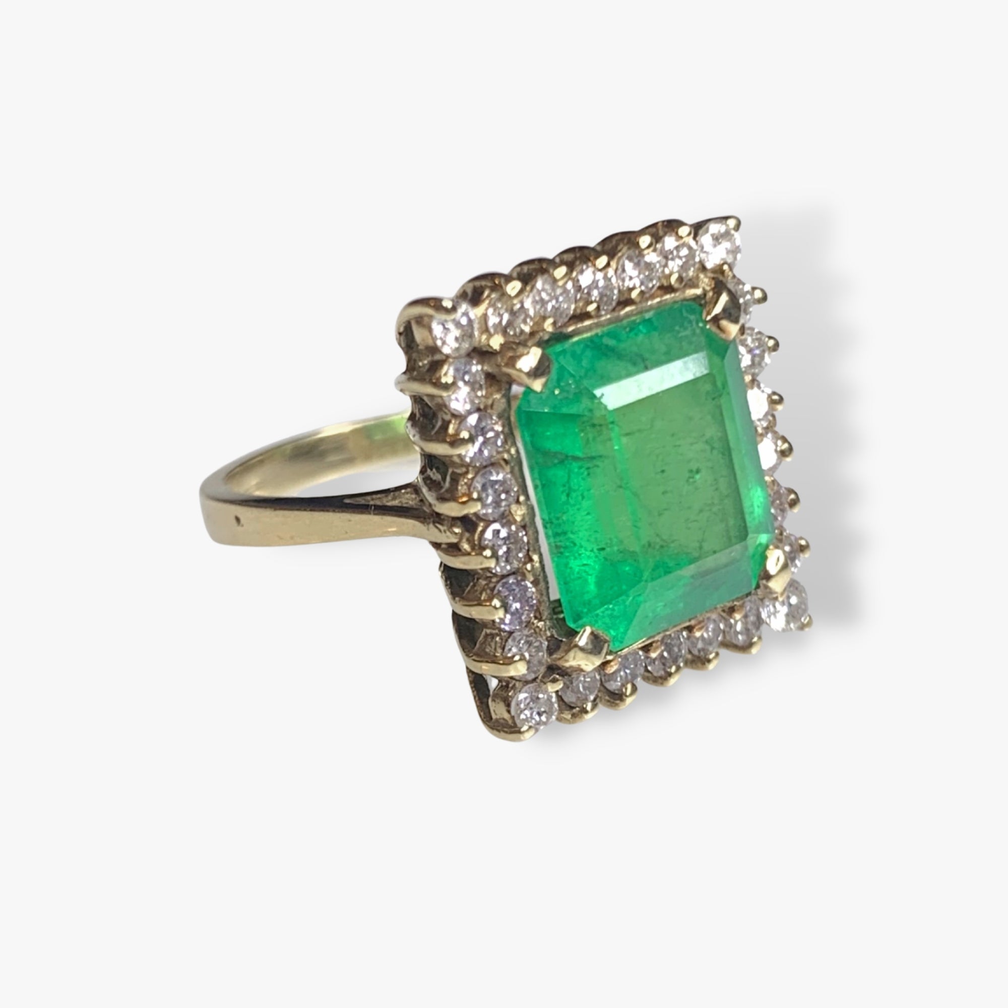 14k Yellow Gold Emerald Square Diamond Halo Ring Side View