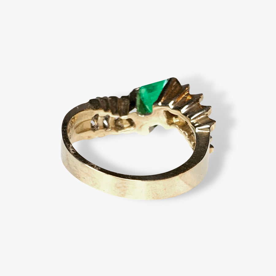 14k Yellow Gold Emerald and Round Diamond Step-Down Vintage Ring Back View