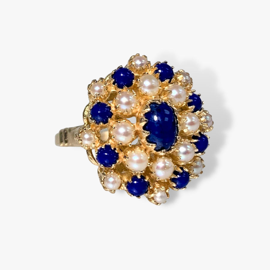 14k Yellow Gold Lapis Lazuli and Pearl Vintage Flower Ring Side View