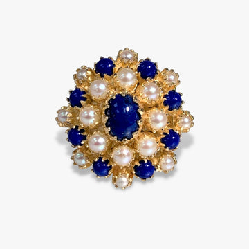 14k Yellow Gold Lapis Lazuli and Pearl Vintage Flower Ring