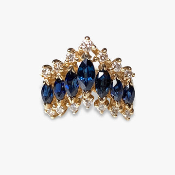 14k Yellow Gold Marquise Cut Blue Sapphire and Round Diamond Ring