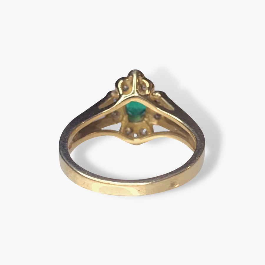 14k Yellow Gold Oval Emerald and Diamond Floral Ring Back View