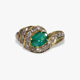 14k Yellow Gold Oval Emerald and Round Diamond Vintage Ring