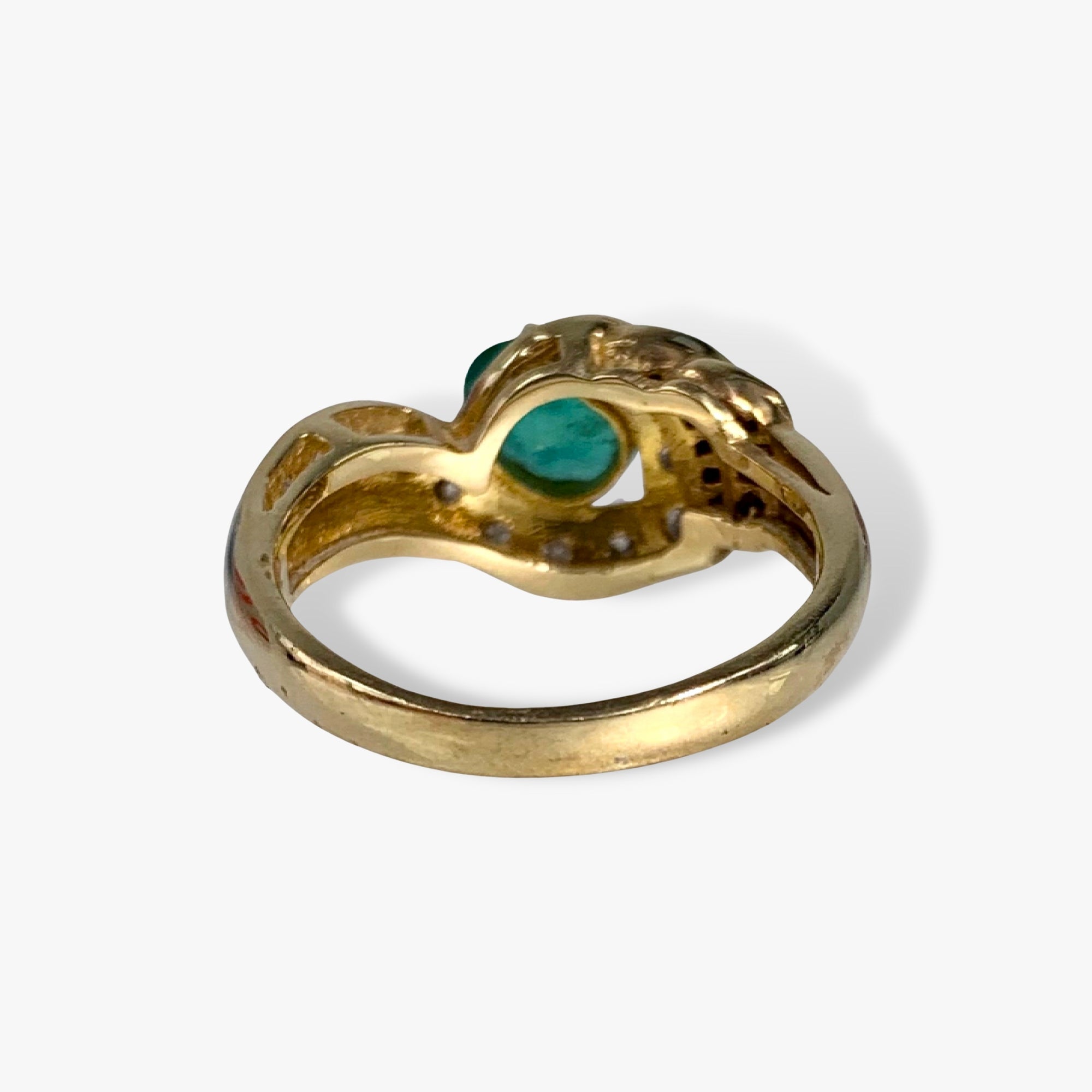 14k Yellow Gold Oval Emerald and Round Diamond Vintage Ring Back View