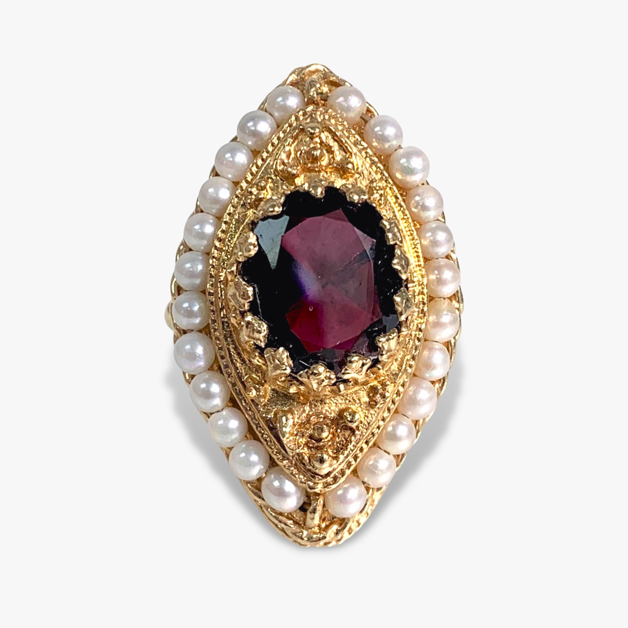 14k Yellow Gold Oval Garnet and Pearl Vintage Cocktail Ring