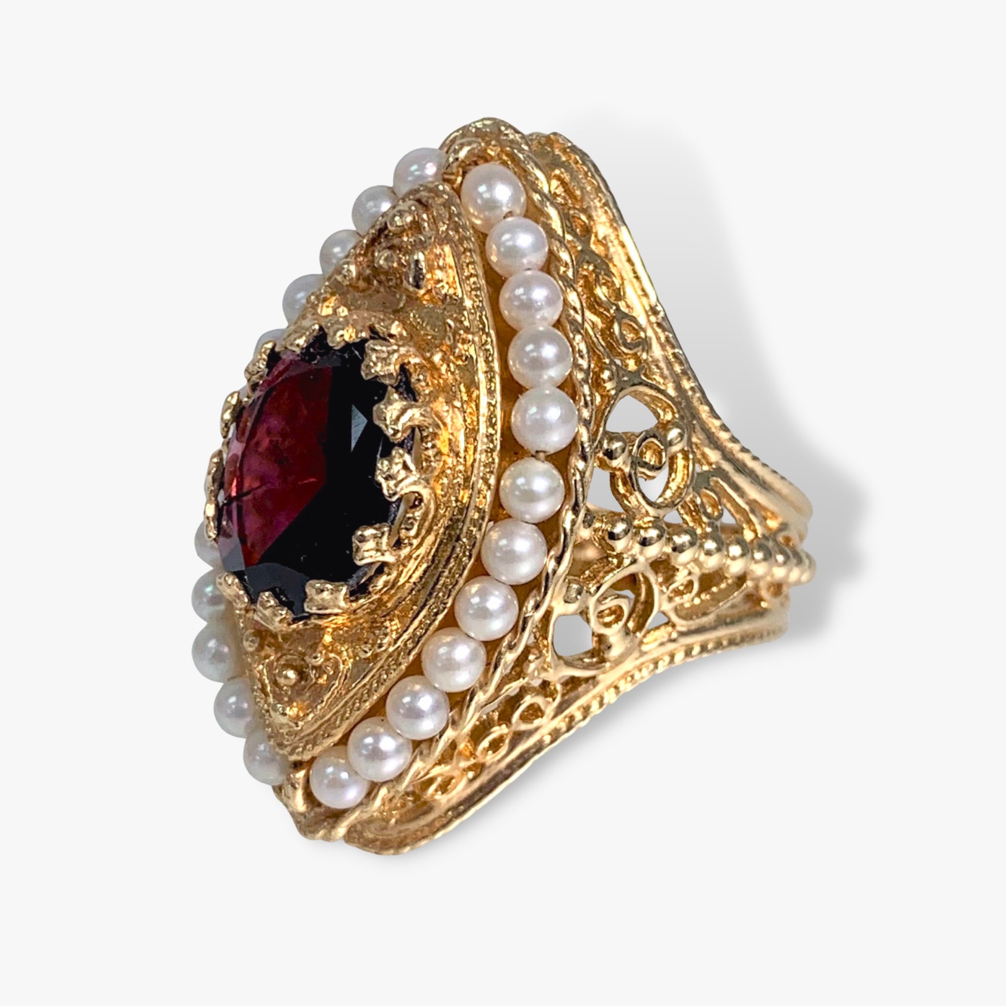 14k Yellow Gold Oval Garnet and Pearl Vintage Cocktail Ring Side View