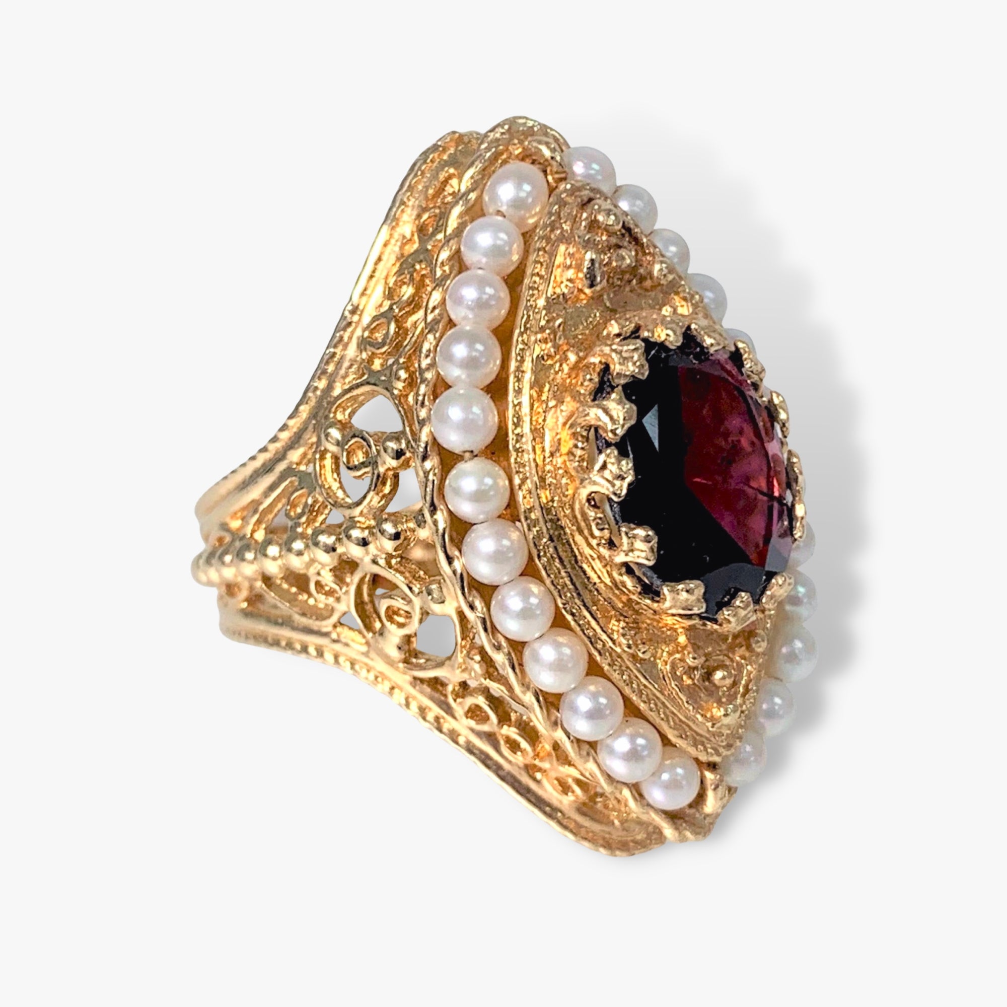 14k Yellow Gold Oval Garnet and Pearl Vintage Cocktail Ring Side View