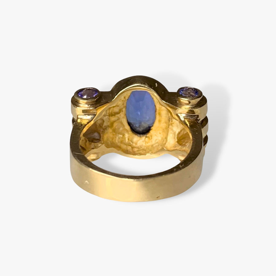 14k Yellow Gold Oval and Round Tanzanite Vintage Bezel Ring Back View
