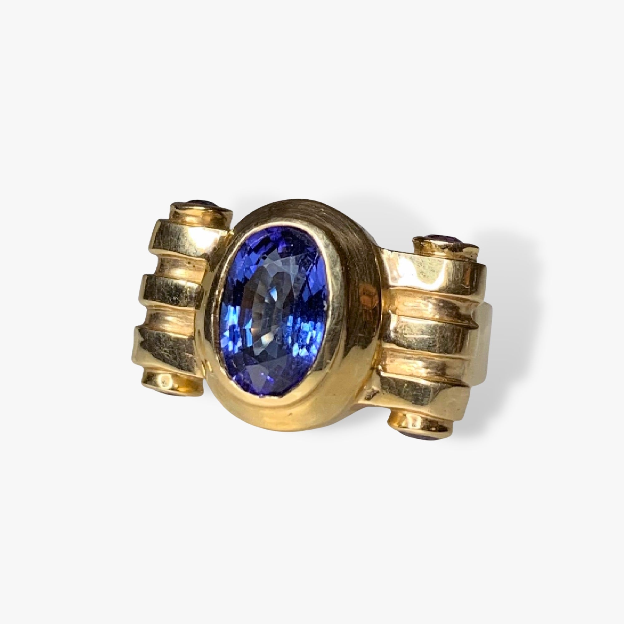14k Yellow Gold Oval and Round Tanzanite Vintage Bezel Ring Side View