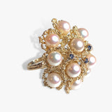 14k Yellow Gold Pearl and Blue Sapphire Cocktail Ring Side View