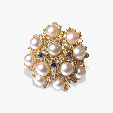 14k Yellow Gold Pearl and Blue Sapphire Cocktail Ring