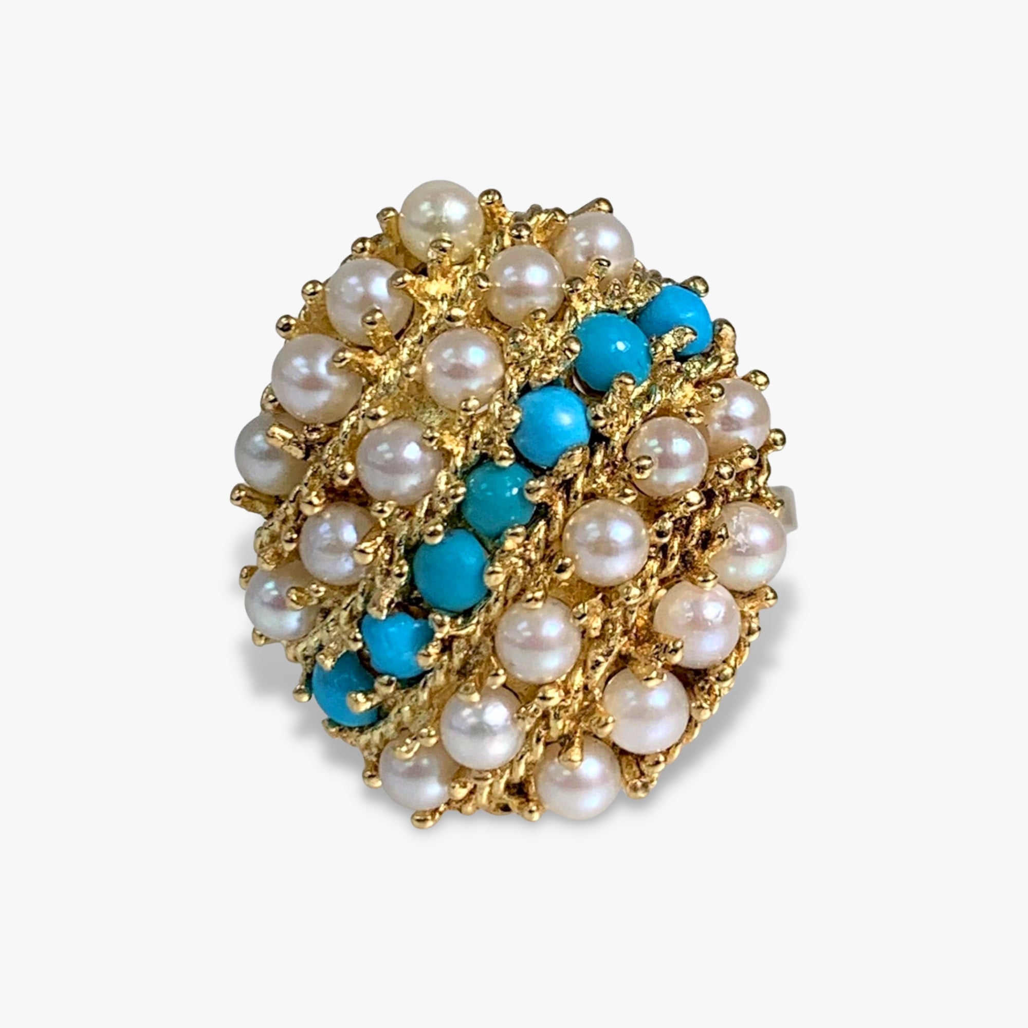 14k Yellow Gold Pearl and Turquoise Vintage Ring