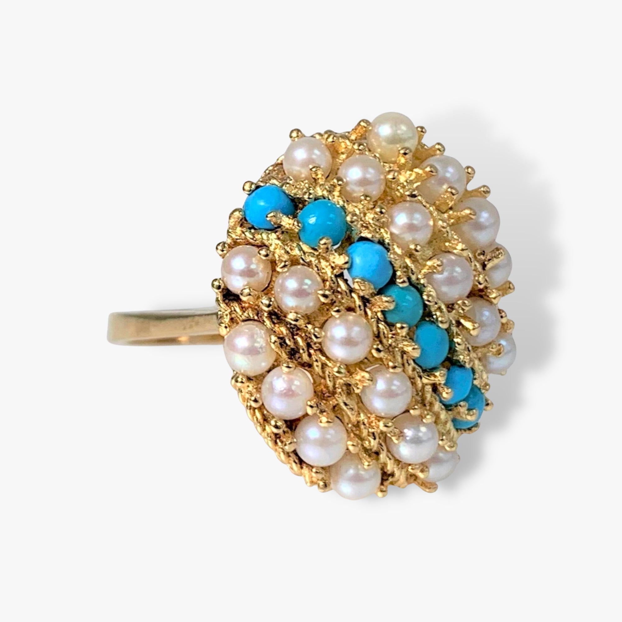 14k Yellow Gold Pearl and Turquoise Vintage Ring Side View
