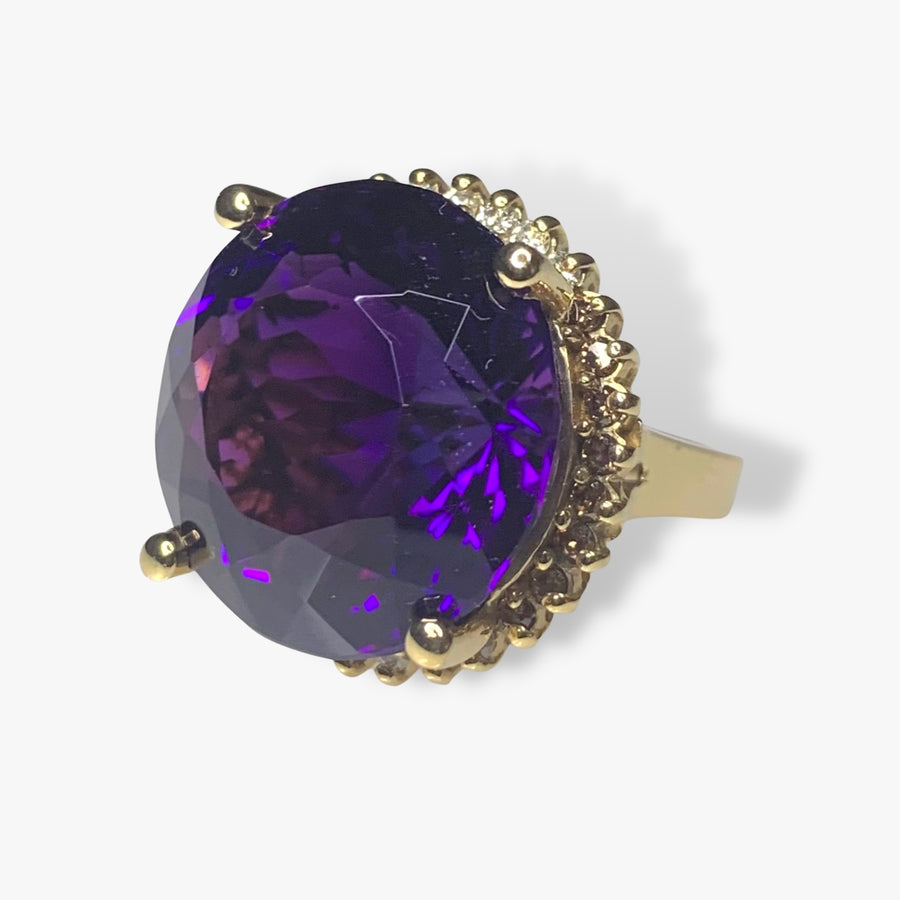 14k Yellow Gold Round Amethyst and Diamond Halo Vintage Cocktail Ring Side View