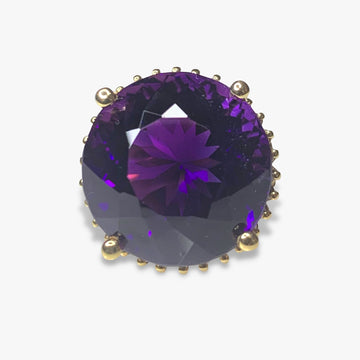 14k Yellow Gold Round Amethyst and Diamond Halo Vintage Cocktail Ring