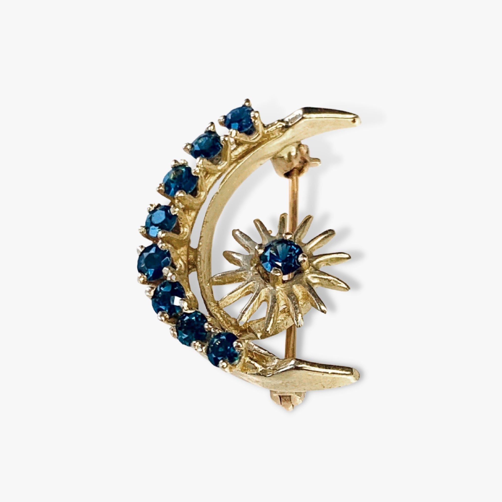 14k Yellow Gold Round Blue Sapphire Celestial Vintage Brooch