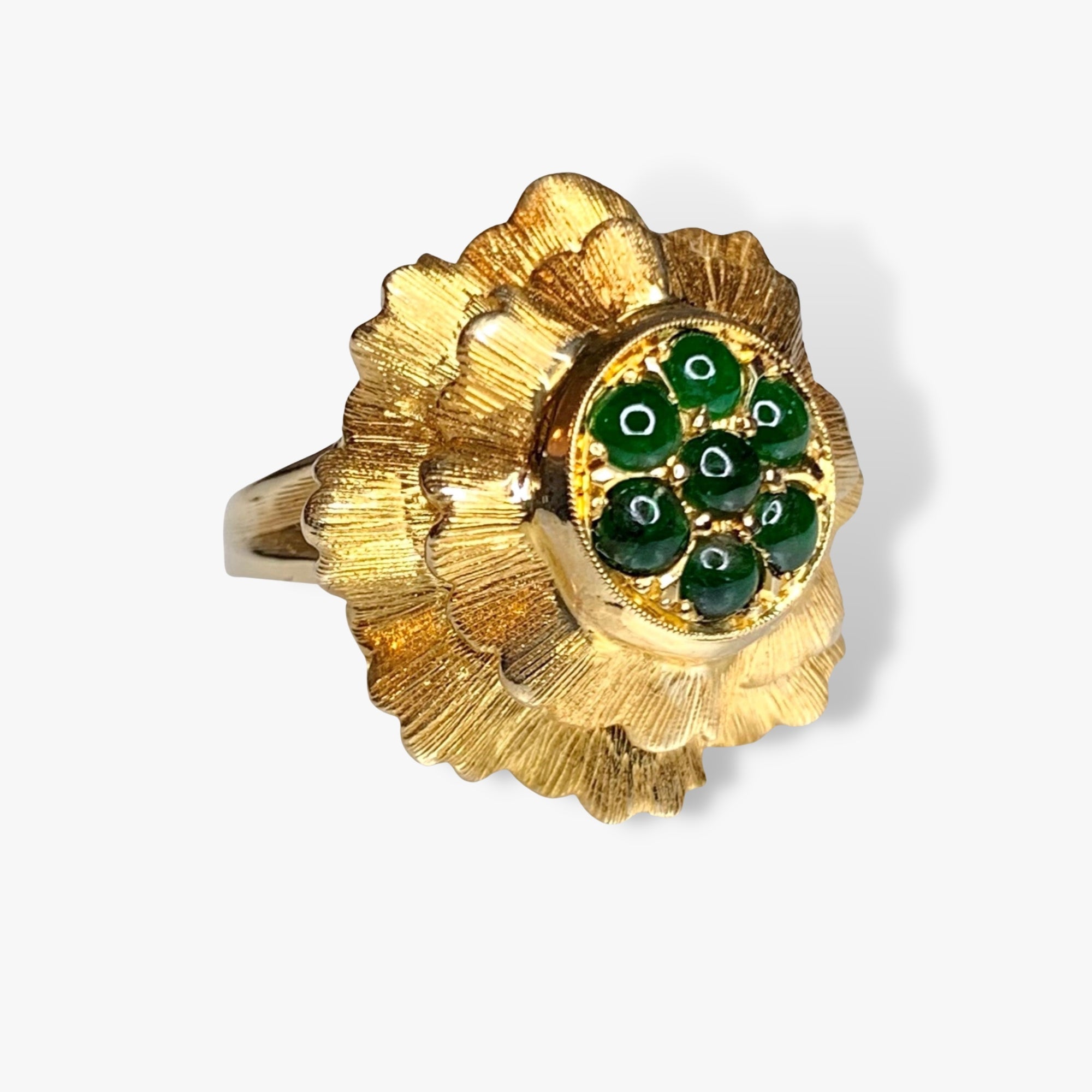 14k Yellow Gold Round Cabochon Jadeite Vintage Cocktail Ring Side View