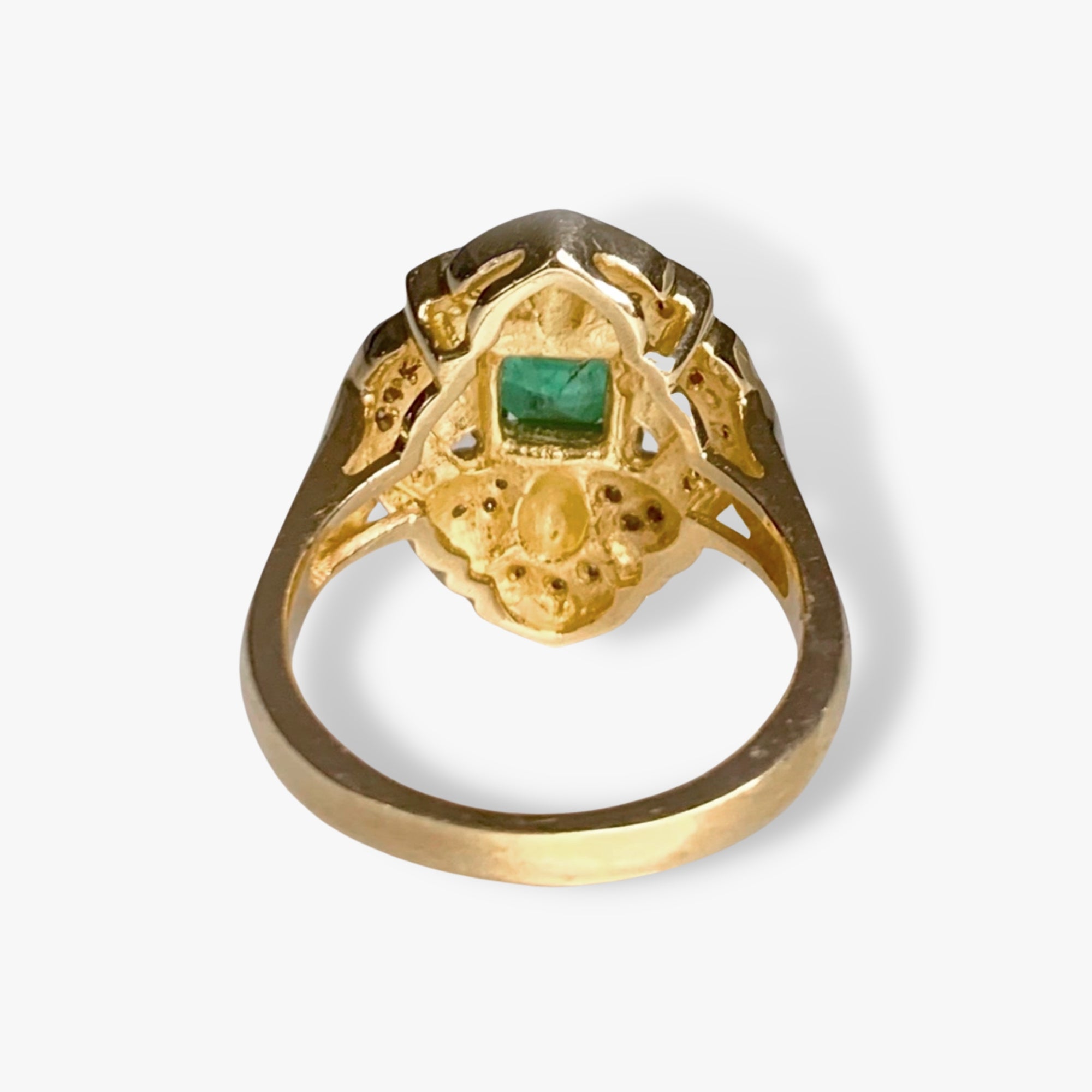 14k Yellow Gold Square Emerald and Diamond Vintage Cocktail Ring Back View