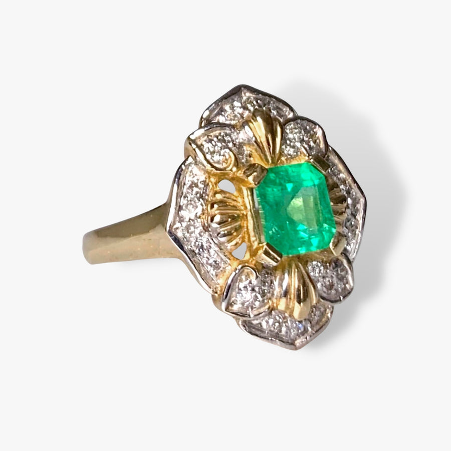 14k Yellow Gold Square Emerald and Diamond Vintage Cocktail Ring Side View