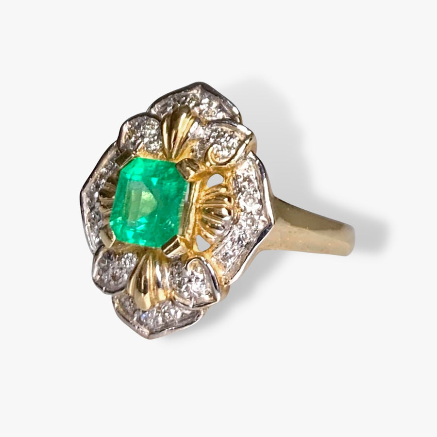 14k Yellow Gold Square Emerald and Diamond Vintage Cocktail Ring Side View