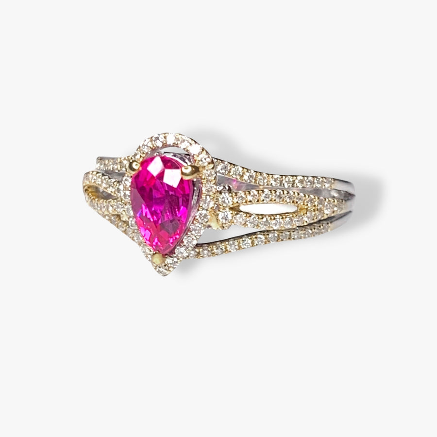 14k Yellow and White Gold Pear-Shaped Ruby and Diamond Split-Shank Ring Side View