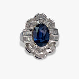 18k White Gold Oval Blue Sapphire and Baguette Diamond Vintage Ballerina Ring