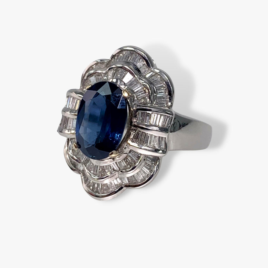 18k White Gold Oval Blue Sapphire and Baguette Diamond Vintage Ballerina Ring Side View