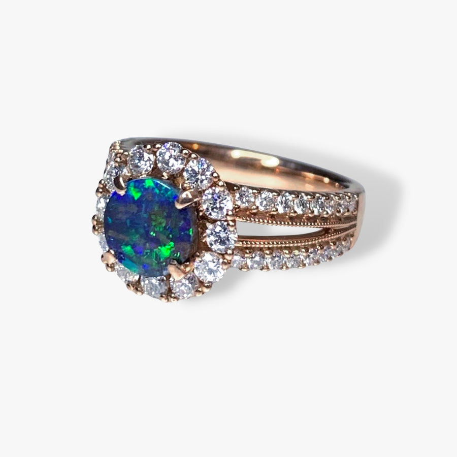 18k Rose Gold Black Opal Diamond Cluster Vintage Ring Side View