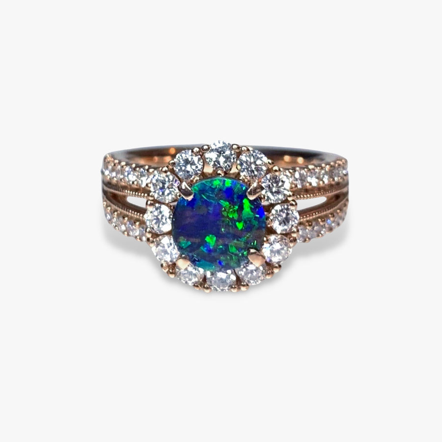 18k Rose Gold Black Opal Diamond Cluster Vintage Ring
