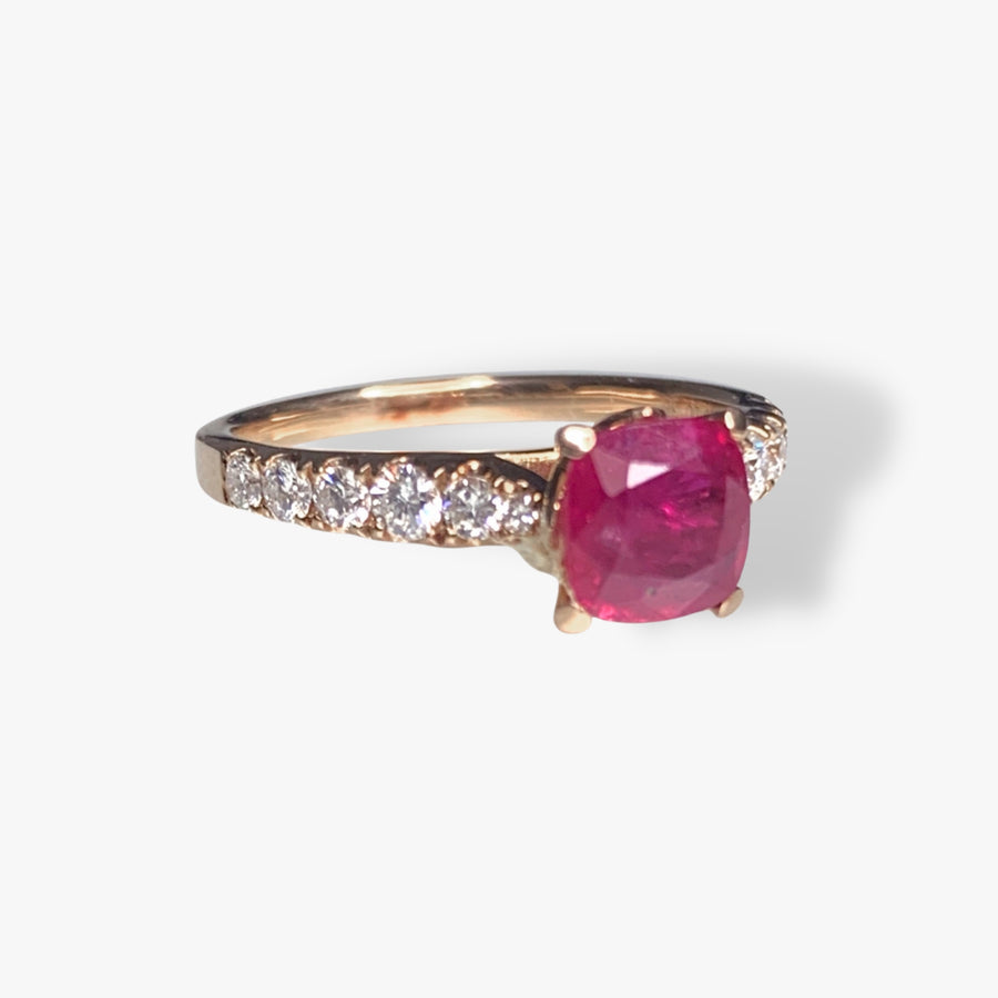 18k Rose Gold Cushion Cut Ruby Diamond Ring Side View
